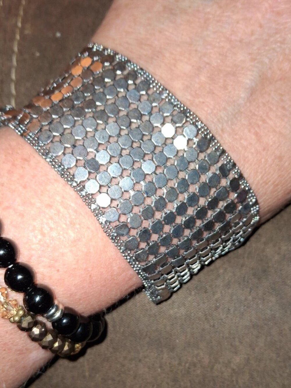 Sequin wide chain mesh bracelet silvertone wide sparkly